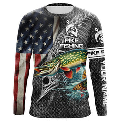 Maxcorners Northern Pike Fishing American Flag patriotic Customize name Long Sleeve Fishing Shirts LM0501
