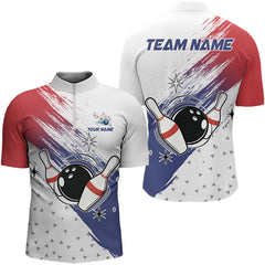 Maxcorners Red, White And Blue Bowling Polo, 1/4 Zip Shirts For Men Custom Bowling Team Jersey, Gift For Bowlers