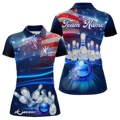 Maxcorners Blue Light American Flag Mens And Women Bowling Polo, Quarter Zip Shirt Custom Patriotic Team Bowling Jersey