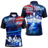 Maxcorners Blue Light American Flag Mens And Women Bowling Polo, Quarter Zip Shirt Custom Patriotic Team Bowling Jersey