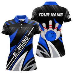 Maxcorners Black And Blue Bowling Polo, Quarter Zip Shirt For Men And Women Custom Team Bowling Jerseys, Gift For Bowlers