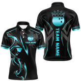 Maxcorners Black and Cyan Blue crown Bowling ball Polo, Quarter Zip Shirts for Men Custom Bowling Team jerseys LM1506