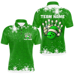Maxcorners Green Christmas Bowling snowflake Men's Bowling Polo, Quarter Zip shirts Custom Xmas Bowling Outfits MT0111