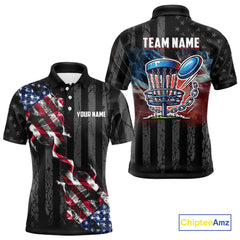 Maxcorners Black American flag smoke Mens disc golf polo shirts Custom Patriotic Team Disc Golf attire MT0510