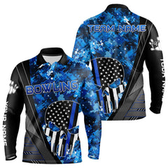 Maxcorners Black And White American Flag Skull Blue Camo Bowling Shirts For Men Custom Team Bowling Jerseys
