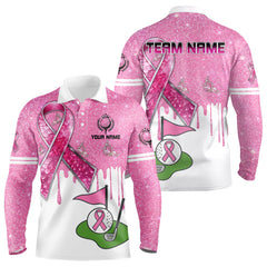 Maxcorners Pink ribbon glitter Golf Polo Shirts For Men Custom team golf jerseys, breast cancer golf shirts
