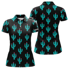 Maxcorners Personalized black and green cactus flower pattern mens golf polo shirts custom cactus golf shirts