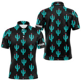 Maxcorners Personalized black and green cactus flower pattern mens golf polo shirts custom cactus golf shirts