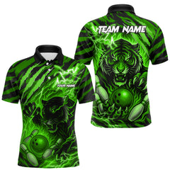 Maxcorners Personalized Tiger Bowling Shirts For Men, Green Flame Lightning Thunder Tiger Team Bowling Jerseys