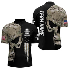 Maxcorners Skull Camouflage American Flag Mens Bowling Shirts Custom Patriotic Bowling Team Jerseys For Men And Women