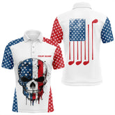 Maxcorners Red, White And Blue American Flag Skull Mens And Women Golf Polo Shirts Custom Patriotic Golf Attire For Mens
