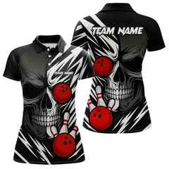 Maxcorners Black and White Skull Bowling Polo, Quarter Zip shirts for Men Custom Skull Team Bowling Jerseys LM1307