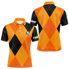 Maxcorners Mens golf polos shirts custom orange and black golf argyle plaid pattern Halloween golf gifts LM1109