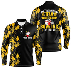 Maxcorners Funny Yellow Argyle Bowling Beer Polo Shirts Custom My Drinking Team Has A Bowling Problem For Men And Women