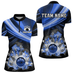 Maxcorners Personalized Black And Blue Smoke Flame Bowling Polo, 1/4 Zip Shirts For Men, Cool Bowling Jerseys