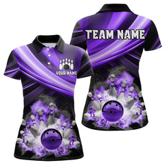 Maxcorners Personalized Black And Purple Smoke Flame Bowling Polo, 1/4 Zip Shirts For Men, Cool Bowling Jerseys