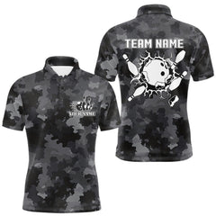 Maxcorners Bowling Polo, Quarter Zip shirts For Men Custom bowling ball and pins black camo Bowling Team Jersey LM1610