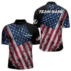Maxcorners Smoke American Flag Black Bowling Polo, Quarter Zip Shirt For Men And Women Custom Patriotic Team Bowling Jersey