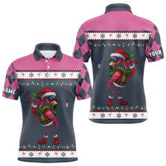 Maxcorners Pink argyle pattern Funny Christmas Flamingo Mens golf polo shirt custom golf attire for men MT1511