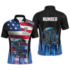 Maxcorners American flag Disc golf basket patriotic Men polo shirts custom blue fire disc golf tops for mens MT0510