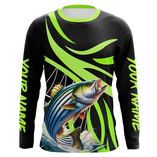 Maxcorners Personalized Striped Bass Long Sleeve Fishing Shirts, Striper Tournament Fishing Jerseys | Green MT2108
