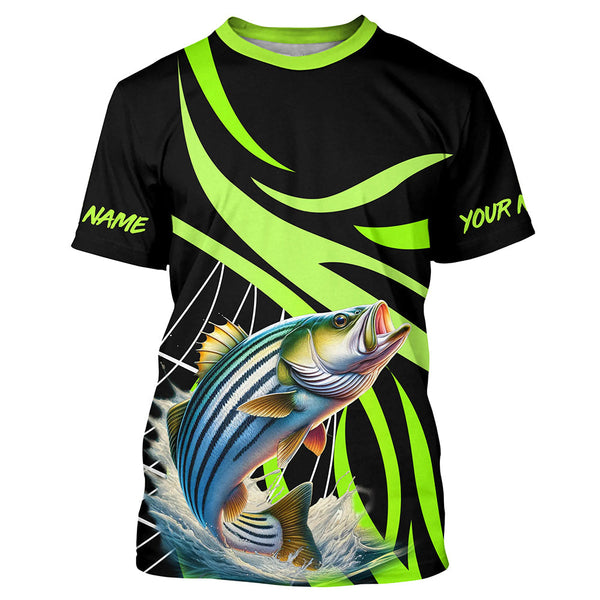 Maxcorners Personalized Striped Bass Long Sleeve Fishing Shirts, Striper Tournament Fishing Jerseys | Green MT2108