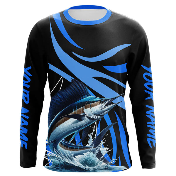 Maxcorners Personalized Sailfish Long Sleeve Fishing Shirts, Sailfish Tournament Fishing Jerseys | Blue MT2108