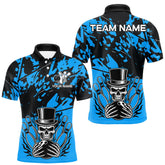 Maxcorners Black and Blue Camo Skull Bowling Polo, Quarter Zip Shirt for Men Custom Skull Team bowling jersey LM1625