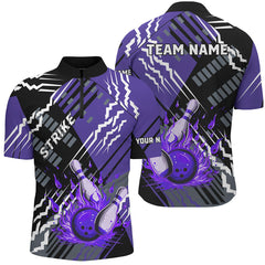 MaxCorners Bowling And Pins Black And Purple Strike Customized Name, Team Name 3D Stand Collar Zipper Polo Shirt For Men