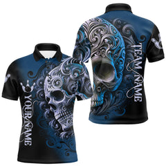 Maxcorners Blue and Black Skull Scroll Men Bowling Polo, Quarter Zip Shirts Custom Skull Team bowling Jersey TU2310