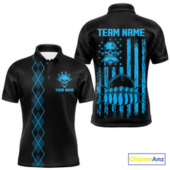 Maxcorners Custom Black and Blue argyle American Flag Skull retro Mens Bowling Shirts patriotic Team Jerseys