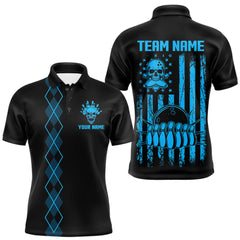 Maxcorners Custom Black and Blue argyle American Flag Skull retro Mens Bowling Shirts patriotic Team Jerseys