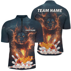 Maxcorners Lightning thunder storm Lion Flame Bowling Polo, Quarter Zip Shirt Custom Bowling Team Jersey