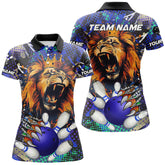 Maxcorners Blue Camo Lion roar Bowling Polo, Quarter Zip Shirts for Women Custom Lion Bowling Team jerseys
