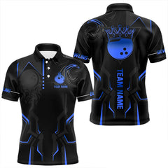 Maxcorners Black and Blue Bowling Polo, Quarter Zip Shirts For Men Custom Bowling Crown Team Jerseys Outfits