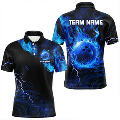 Maxcorners Black & Blue Flame Lightning Thunder Bowling Shirts For Men Custom Bowling Team Jersey, Bowlers Gift