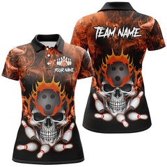 Maxcorners Bowling Ball And Pins Orange Smoke Skull Customized Name, Team Name 3D Polo Shirt
