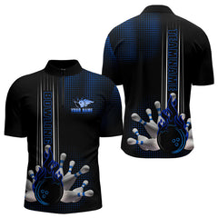 Maxcorners Personalized Black And Blue Flame Bowling Polo, Quarter Zip Shirts For Men Custom Bowling Team Jerseys