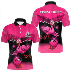 Maxcorners Funny Pink Flamingo Bowling Polo, 1/4 zip shirts for Men Custom Flamingo Team bowling outfit LM1112