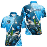 Maxcorners Blue Shark Bowling Polo, Quarter Zip Shirts For Men Custom Team Shark Bowling Jerseys