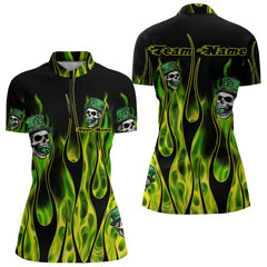 Maxcorners Green Flame Clover Skull St Patrick'S Day Mens And Women Bowling Shirts Custom Lucky Bowling Team Jerseys