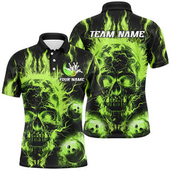 MaxCorners Bowling And Pins Green Flame Skull Customized Name, Team Name 3D Polo Shirt For Men