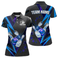 Maxcorners Black And Blue Lightning Bowling Polo, Quarter Zip Shirt For Men Custom Team Bowling Jerseys