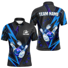 Maxcorners Black And Blue Lightning Bowling Polo, Quarter Zip Shirt For Men Custom Team Bowling Jerseys