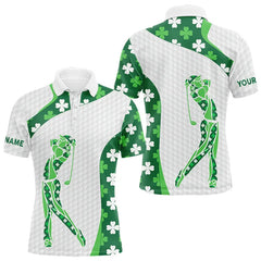 Maxcorners Personalized Green shamrock pattern golf white Mens golf polo shirt custom St Patrick's Day golf gift