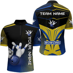 Maxcorners Yellow & Blue Pattern Bowling Polo, 1/4 Zip Shirt For Men Custom Team Bowling Jersey, Gift For Bowler