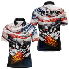 Maxcorners American Flag Flame Bowling Polo, Quarter Zip Shirts For Men Custom Patriotic Bowling Team Jersey