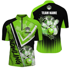 Maxcorners Bowling Ball And Pins Black And Green Customized Name, Team Name 3D Shirt