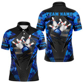 Maxcorners Blue Camo Bowling Polo, Quarter Zip Shirt For Men Custom Bowling Team League Jerseys