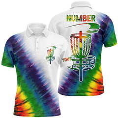 Maxcorners Mens disc golf polo shirts with colorful rainbow tie die disc golf basket custom men disc golf apparel MT0510
